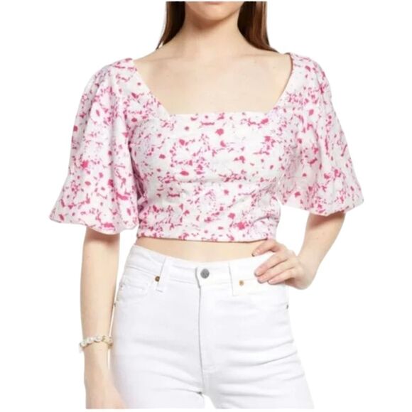 Open Edit Puff Sleeve Square Neck Floral Print Crop Top Linen blend - Picture 2 of 8